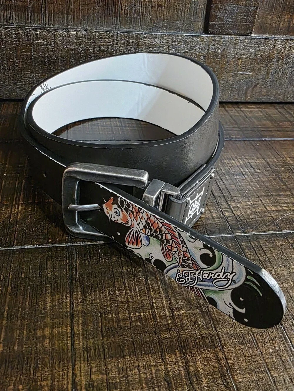 Ed Hardy Skull Fish Reversible Belt Black White Mens 34